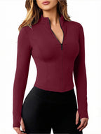 Stand-Up Collar Zipper Jacket Women'S Slim Fit High-Elastic Suit Long-Sleeved Thumb Buckle Top - Burgundy
