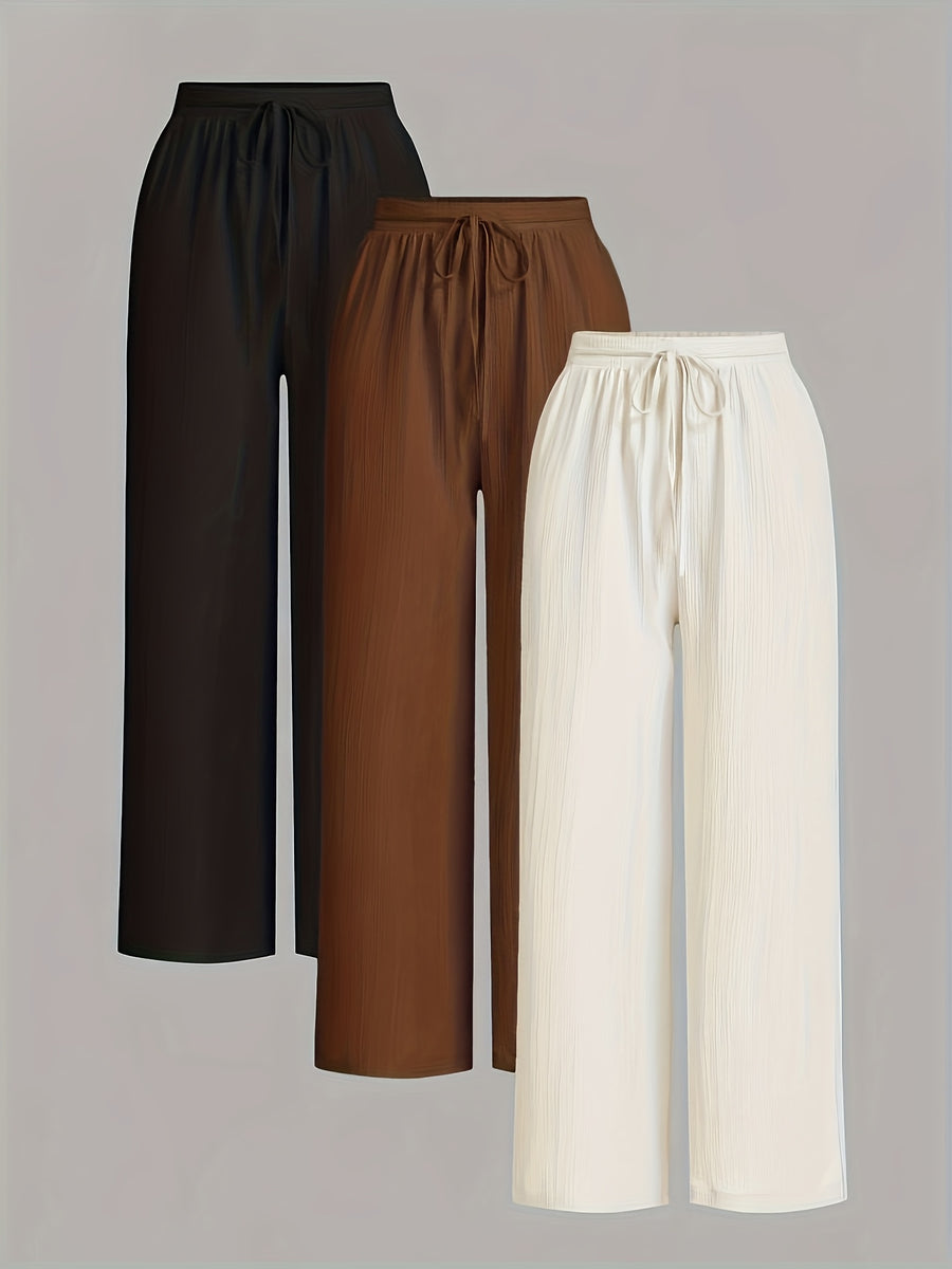3pcs Elegant Wide-Leg Pants - Solid Color Lightweight Summer Trousers with Wide Leg Opening & Drawstring Waist, Machine Washable Non-Stretch for Casual, Office, Semi-Formal Wear (3pcs) - Black+coffee+white