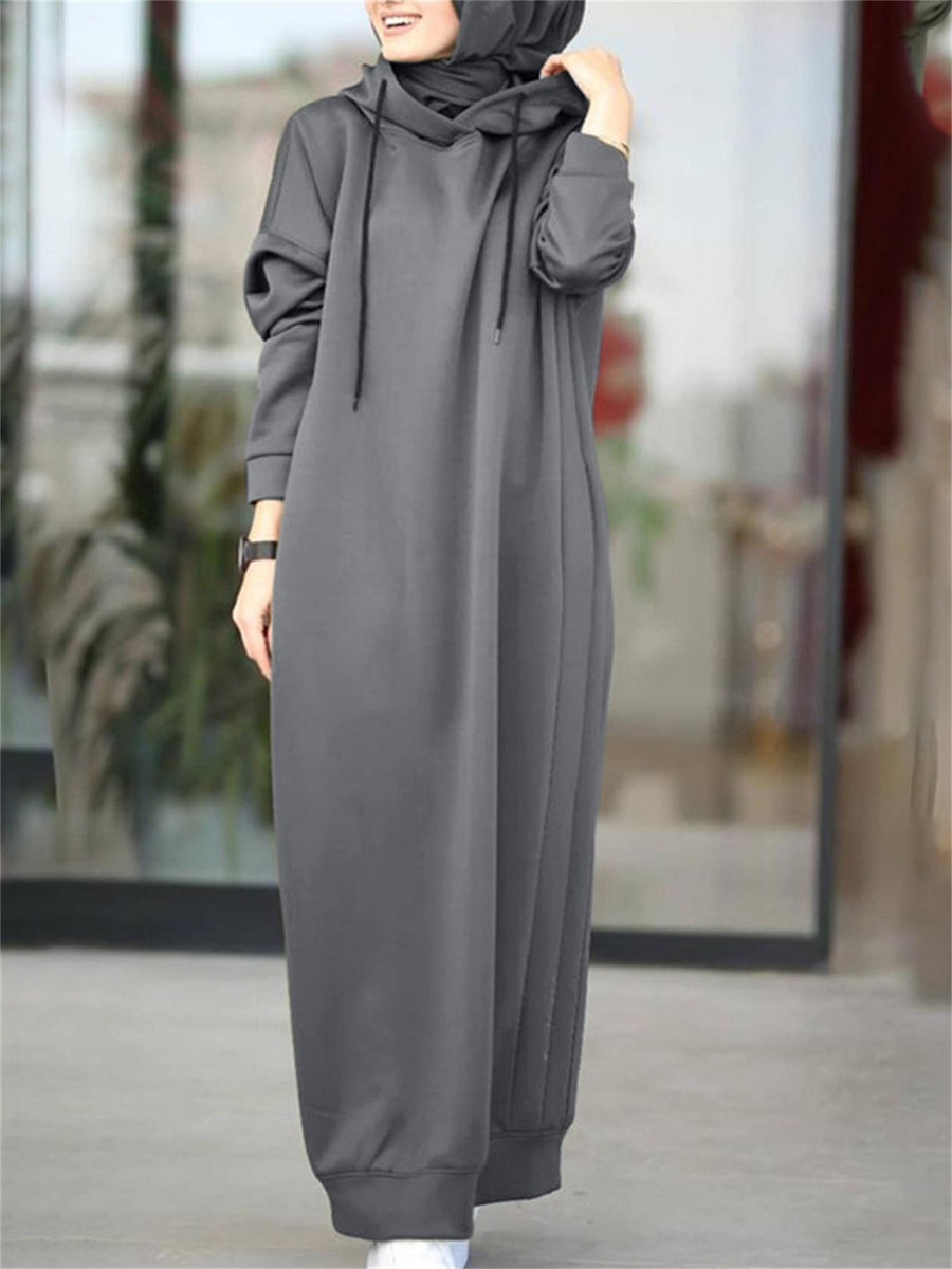 Women Baggy Middle East Solid Color Hooded Long Sleeve Drawstring Design Loose Thin Spring Fall Simple All-match Casual Abayas Sweatshirt Dress - Grey