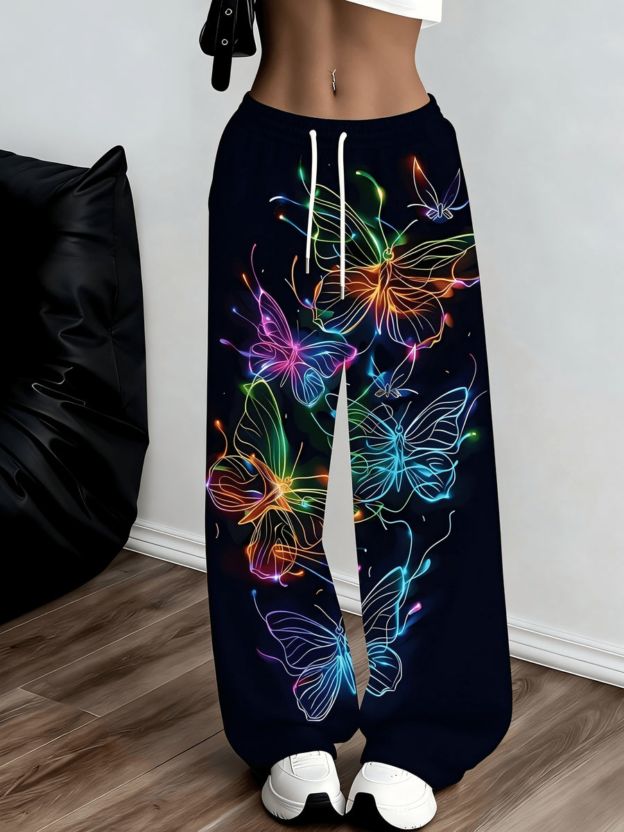 Women's Neon Butterfly Glow-in-the-dark Pattern Jogging Pants with Pockets, Elastic Waistband, and Straight-leg Design - Mixed colors
