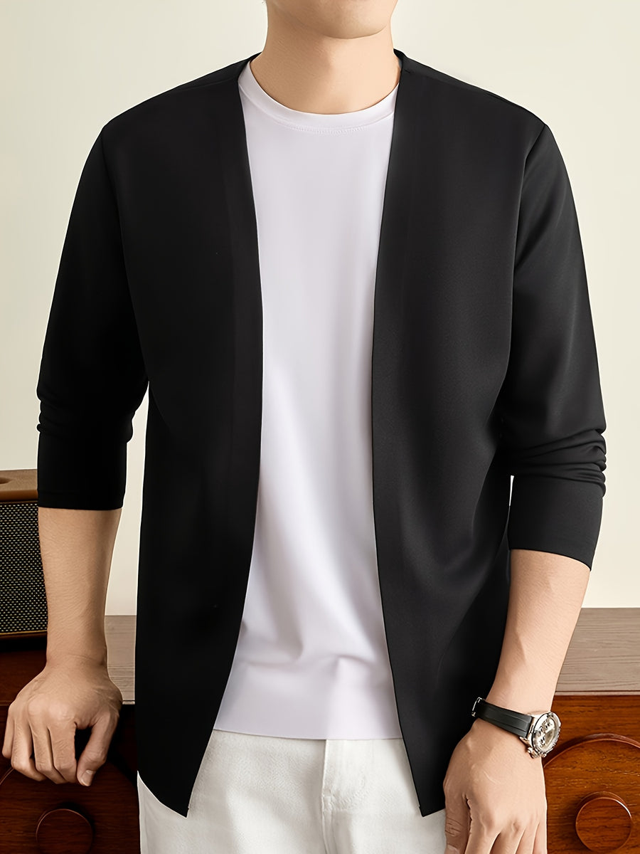 Men's Open Front Cardigan Long Sleeve V Neck Lightweight Solid Color Outerwear Casual Business Layering Jacket for Daily Wear - Black