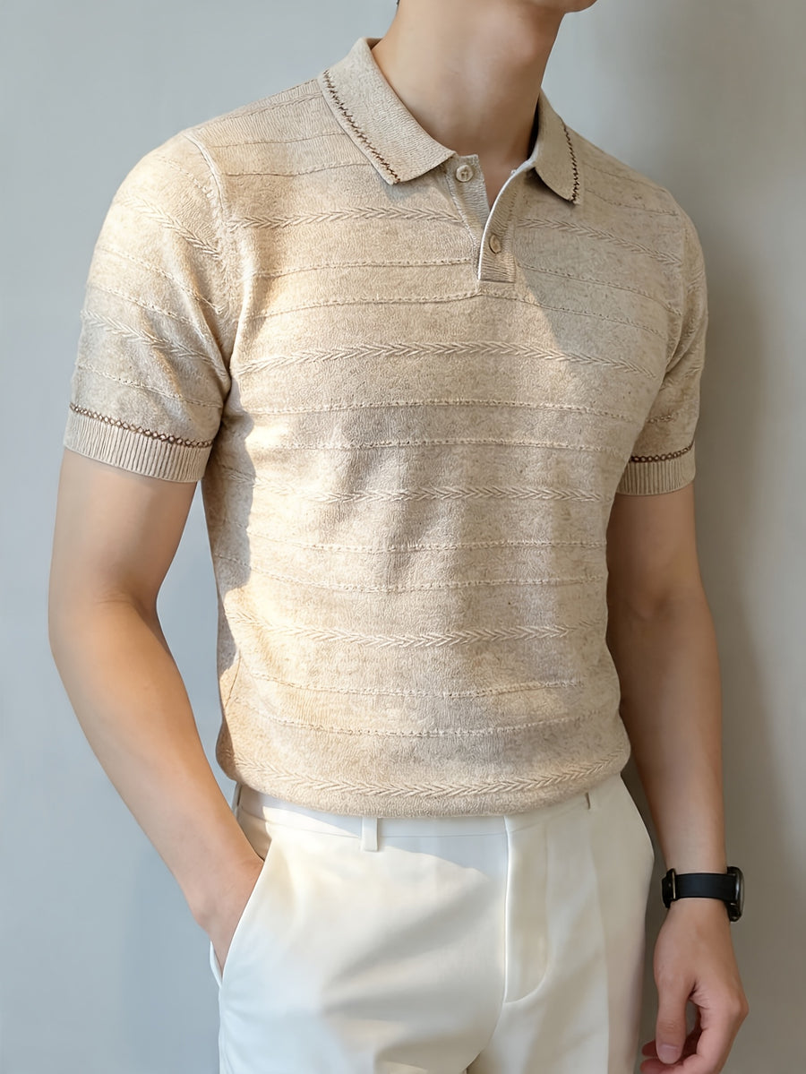 Men's Summer Old Money Style Business Casual Collar Short Sleeve Light Luxury Lapel Jacquard Knit Shirt, a Lightweight and Breathable Choice for Men's Satisfaction - Off-white
