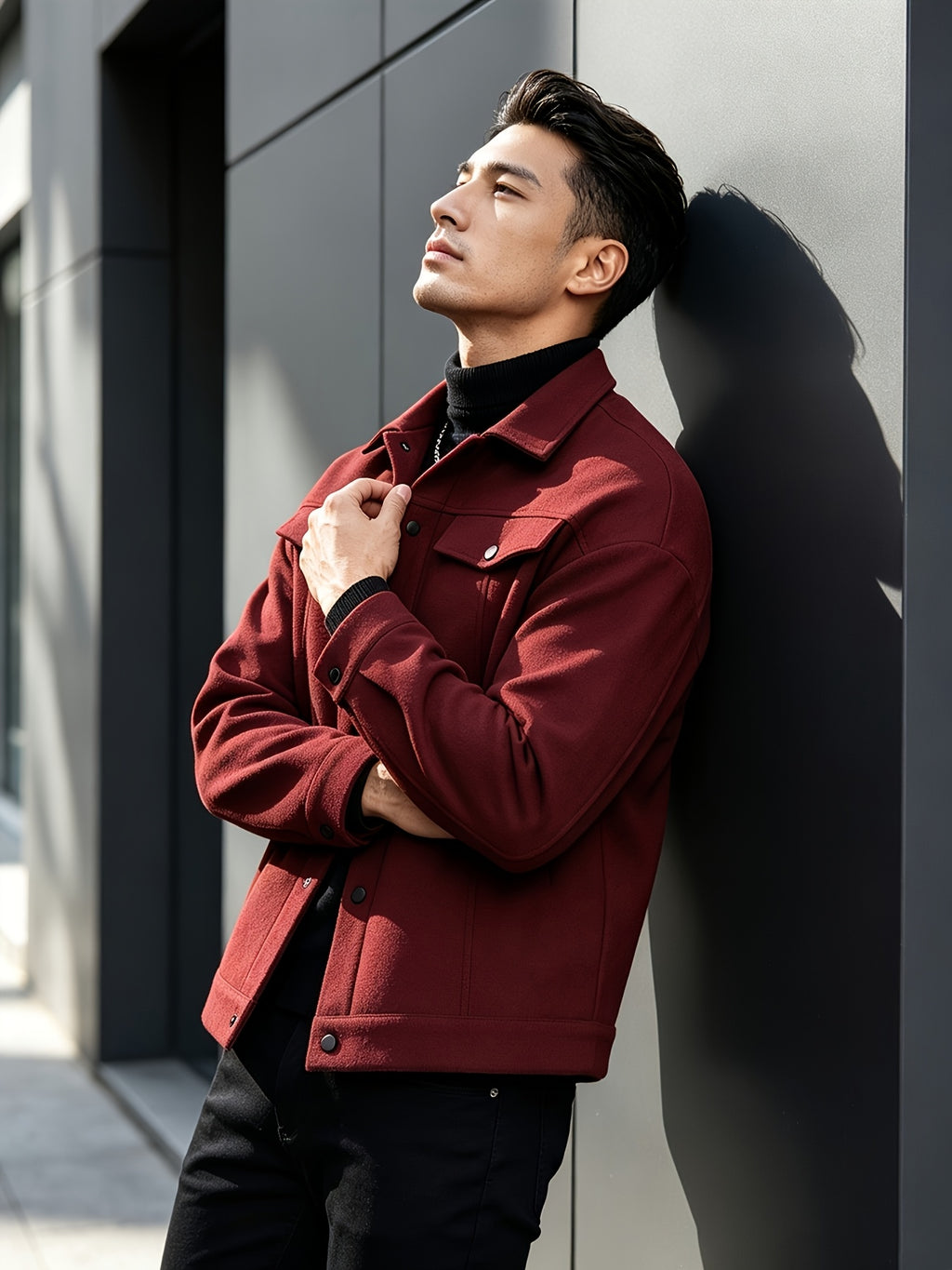Autumn Winter Men'S Short Jacket Loose Lapel Cargo Coat Youth Solid Color All-Match Casual Top - Deep Red