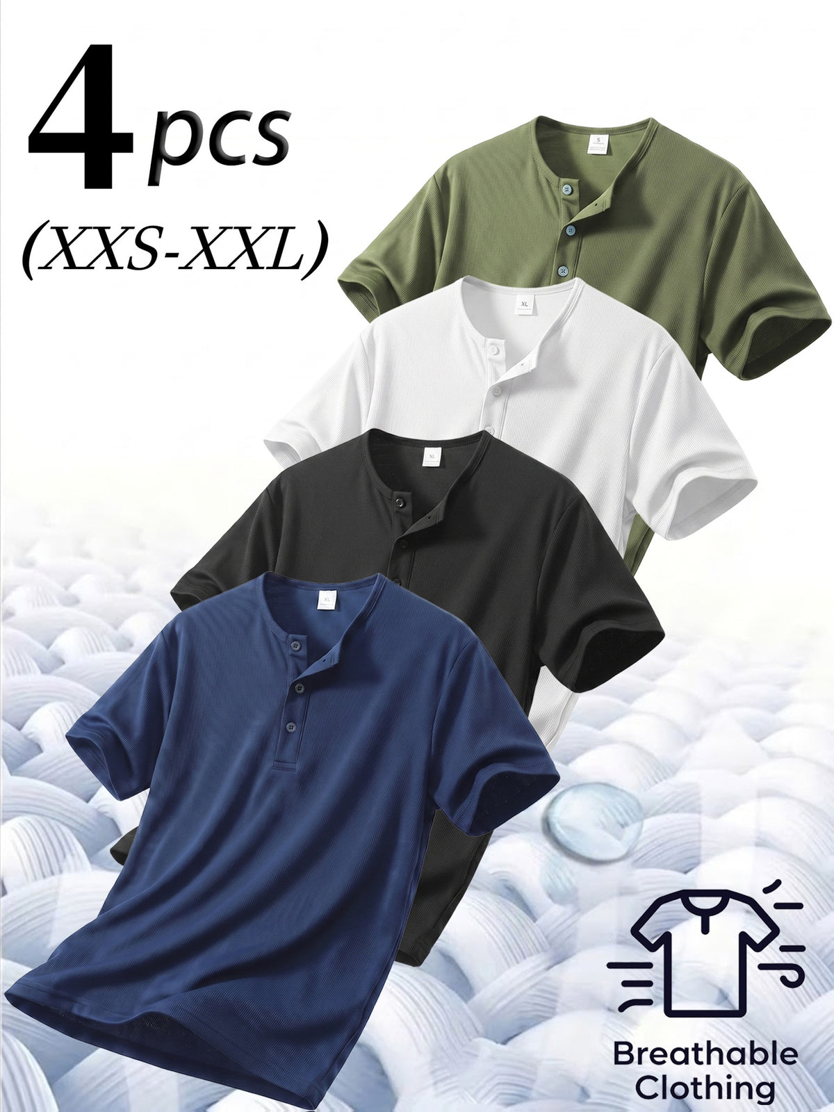 4pcs Men'S Henry Shirt Short Sleeves, Waffle Casual T-Shirts, Breathable Lightweight Summer Tops, Moisture-Wicking Summer Shirts, Gym Training Short-Sleeve Shirts - Black + Navy Blue + White + Matcha Green