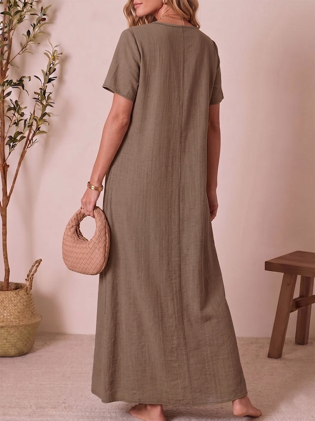 Women'S Casual V-Neck Short Sleeve Solid Color A-Line Loose Long Dress - Khaki