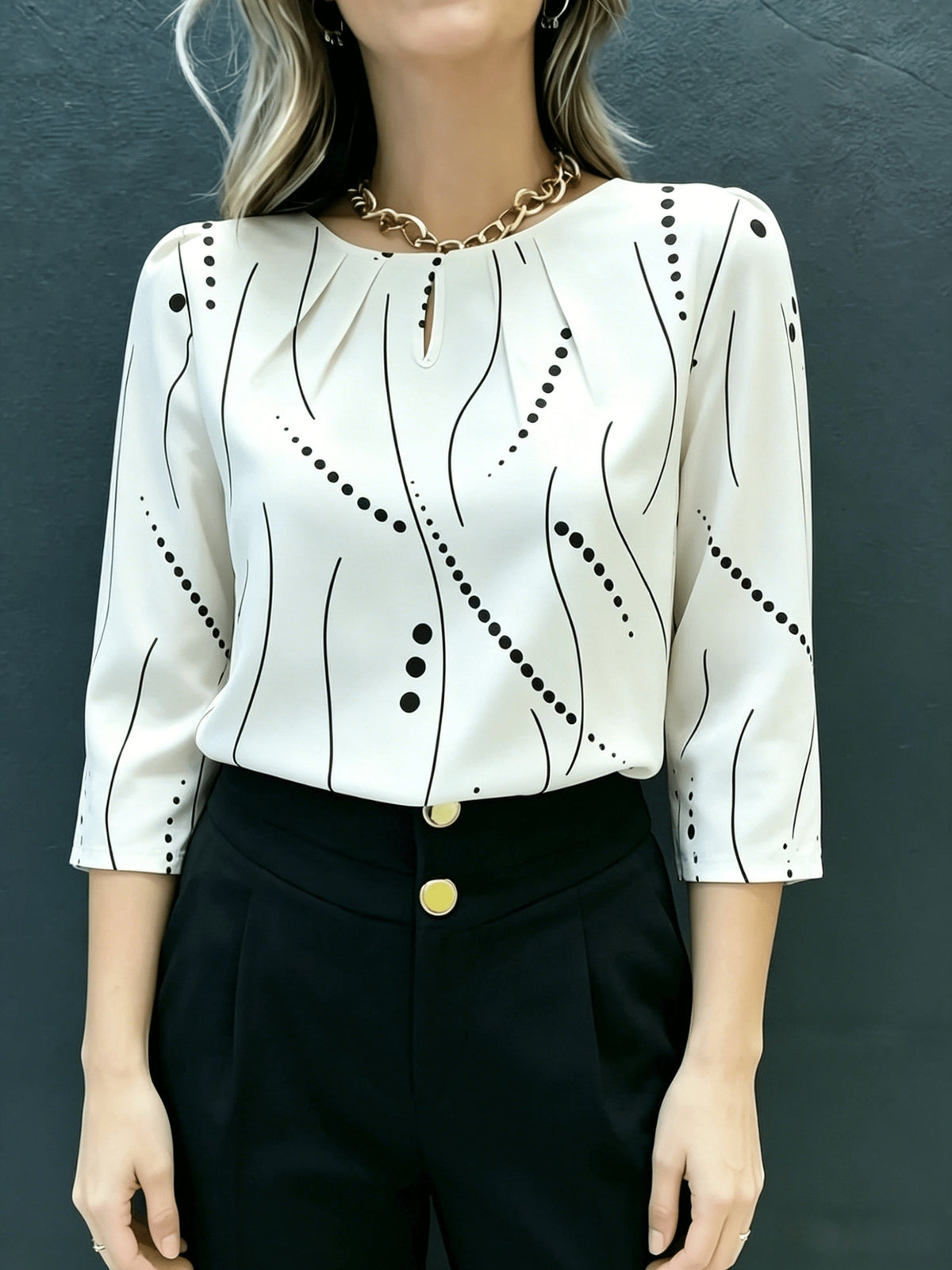 Elegant Commuter Shirt for Women, Polka Dot and Line Print Three-Quarter Sleeve Top - White