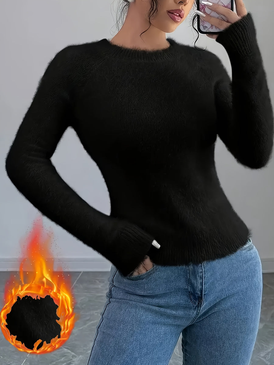 Elegant Women'S Autumn Winter Round Neck Faux Fox Pullover - Black