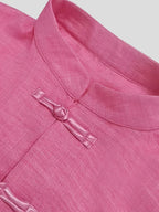 Spring Summer Easy Relaxed New Chinese Style Stand Collar Front Button-Up Long Sleeve Shirt - Rose Red