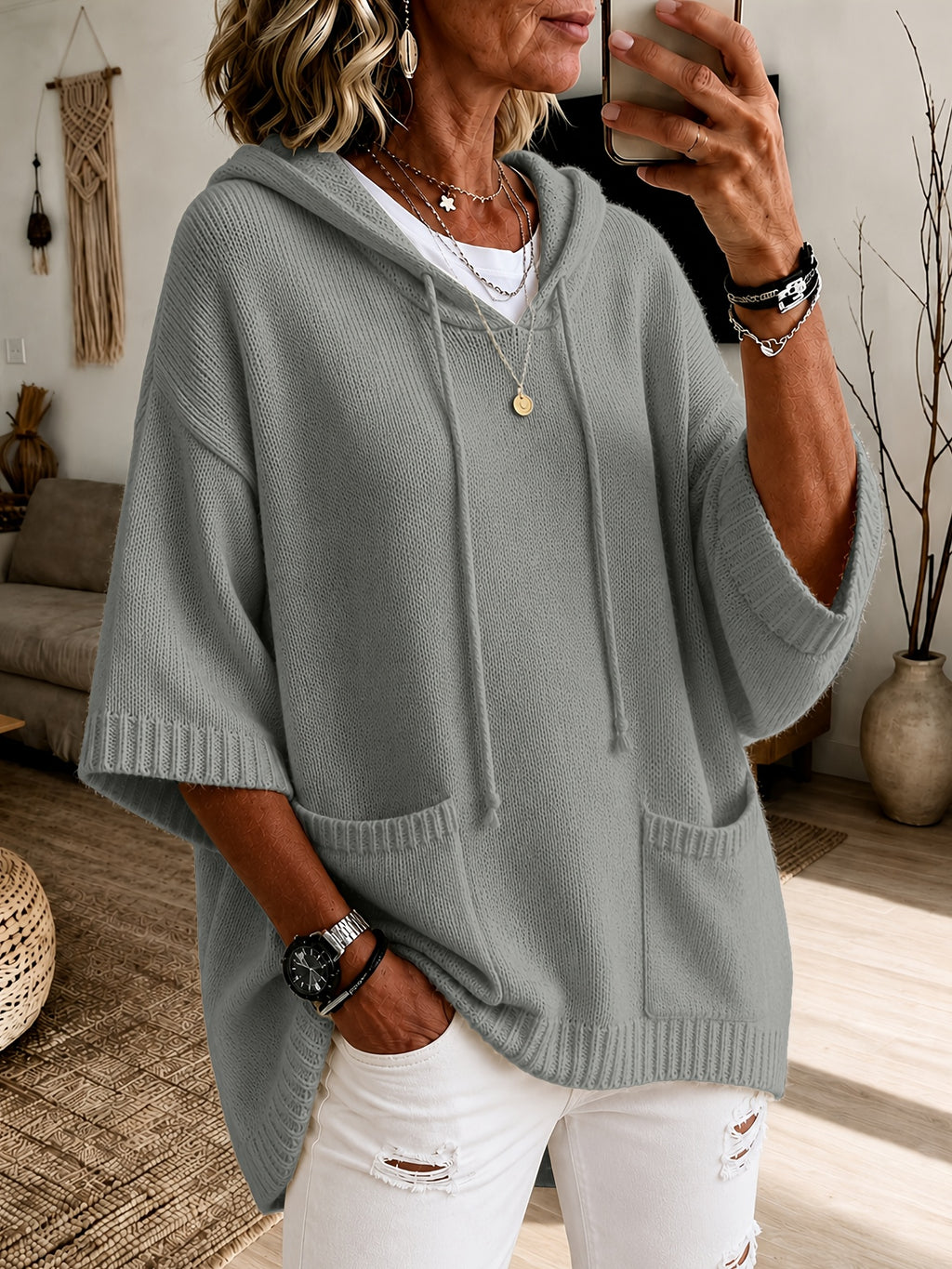2026 Women'S Fall Winter Solid Color Hooded 3/4 Sleeve Cape Sweater Top with Drawstring And Double Pockets, Casual Easy Fashion Versatile Commute Home Vacation Outfit Pullover Top Women'S Clothing - Grey