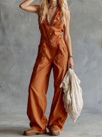 New Spring Summer American Style Sleeveless Lapel Jumpsuit, Loose Wide-Leg Fit, Lazy Vacation Casual Set - Orange-Red