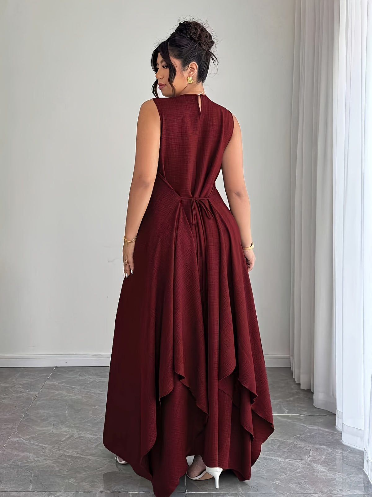 Women'S Elegant Vacation Casual Daily Outerwear Tie-Belt A-Line Asymmetrical Hem Dress - Burgundy