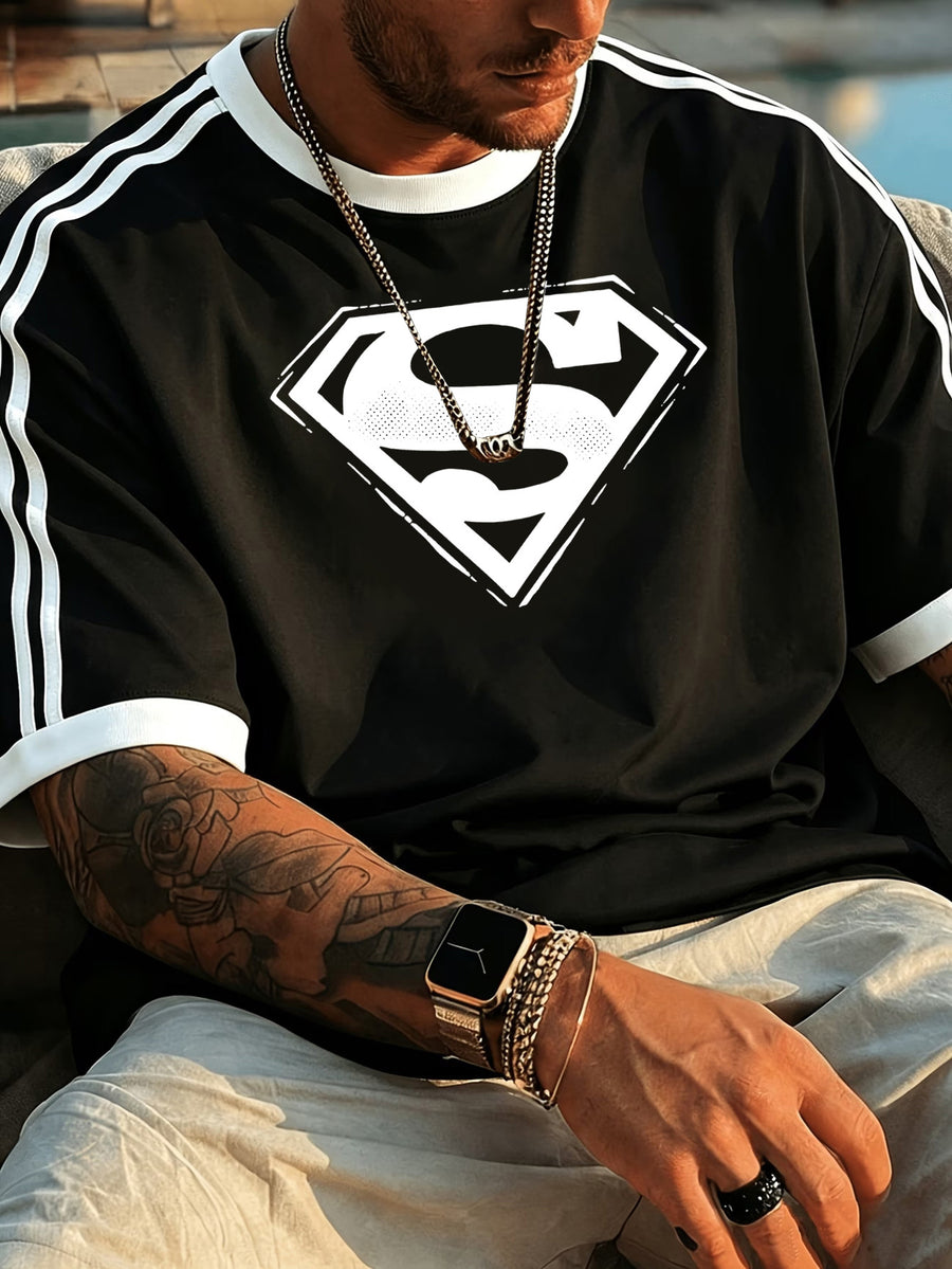 Officially Licensed by Warner Bros. Men'S 100% Crew Neck Short Sleeve T-Shirt, Superman Shield Logo Print, Vintage Sport Stripe Design, Soft Breathable Casual Tee for Summer, Daily Wear, Travel & Gym - Black