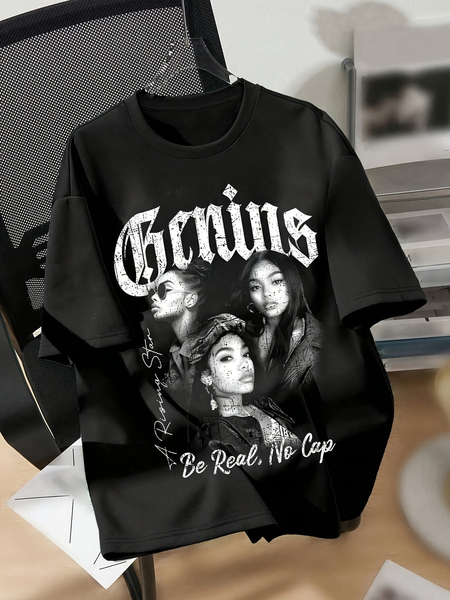 Women'S Portrait Pattern Print, Women'S Casual Athletic Crew Neck Short Sleeve - Black