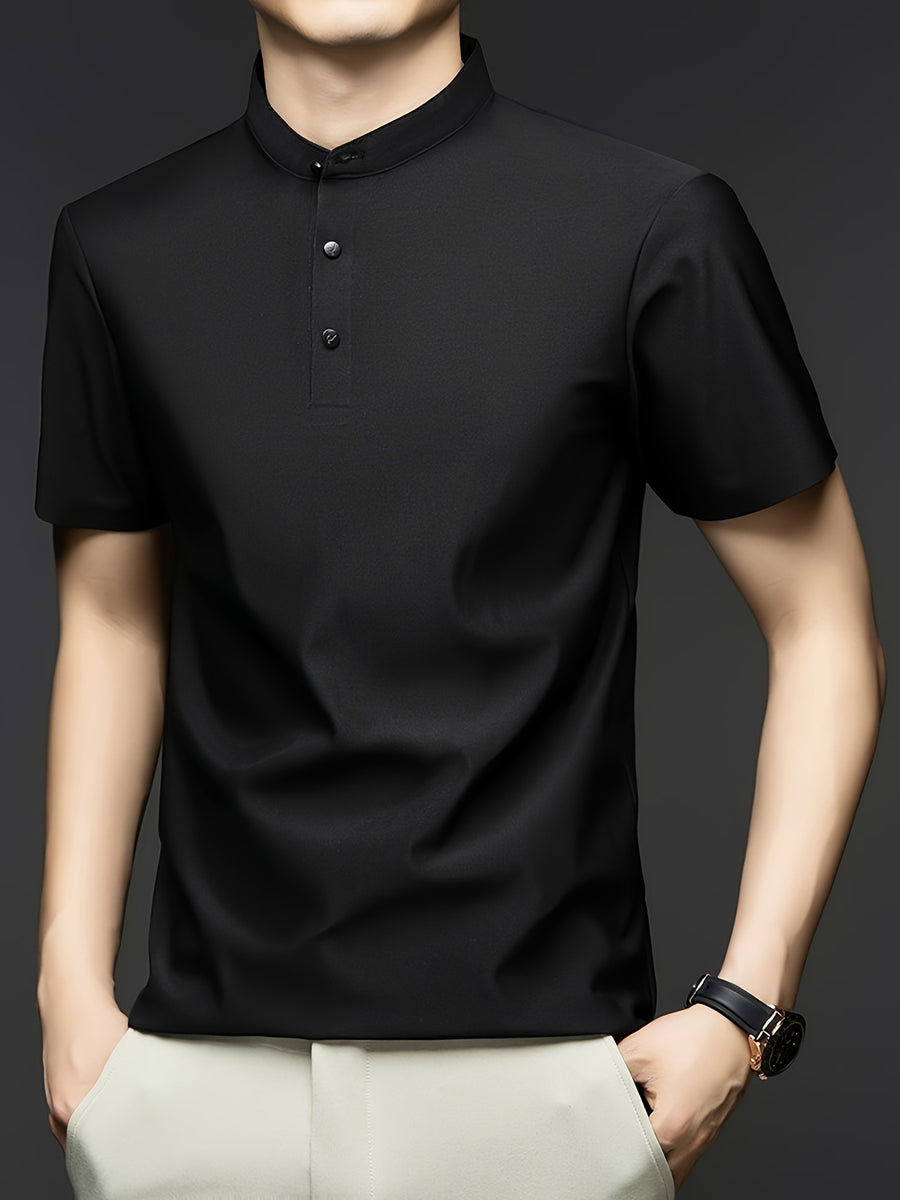 Men's Summer Mid-Life Seamless Stand Collar Short Sleeve T-Shirt, Solid Color Polyamide-Spandex Breathable Half-Sleeve Tee - Black