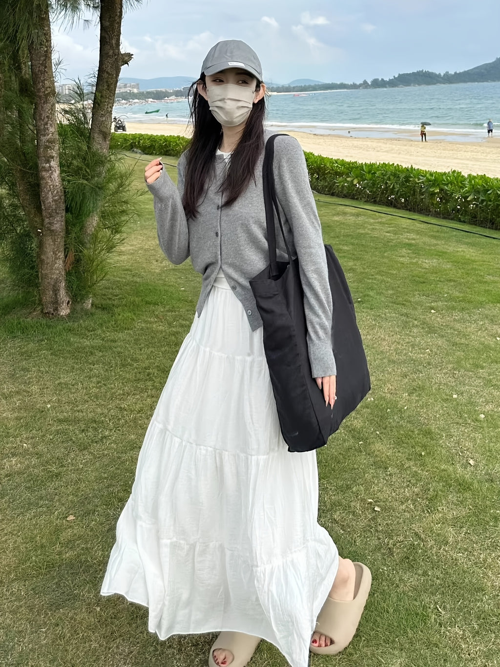 Fashionable Multi-Layered Patchwork French Elegant Solid Color Long Dress Elastic Waist A-Line Design with Lining Anti-Exposure Skirt Women'S - White