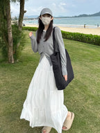 Fashionable Multi-Layered Patchwork French Elegant Solid Color Long Dress Elastic Waist A-Line Design with Lining Anti-Exposure Skirt Women'S - White
