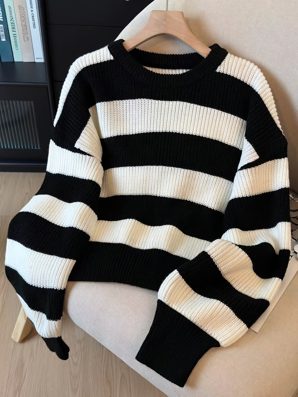 Women'S Spring Autumn Sweater, Color-Block Striped Contrast Round Neck Long Sleeve Top, Loose Casual All-Match Daily Wear - Black