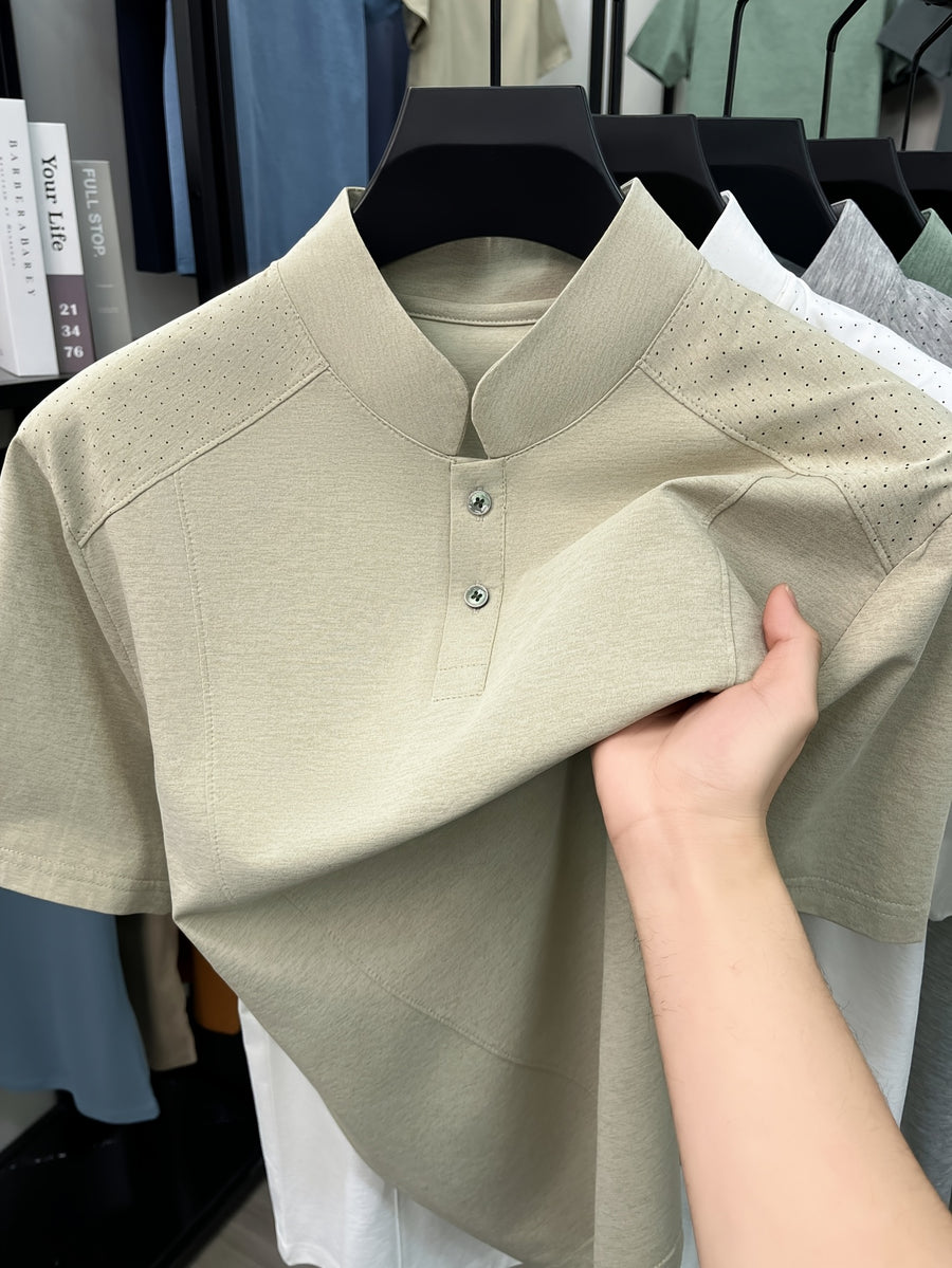Men's New Summer Casual Stand Collar T-Shirt, Simple and Stylish Thin Breathable Versatile Short Sleeve Tee - Beige Camel