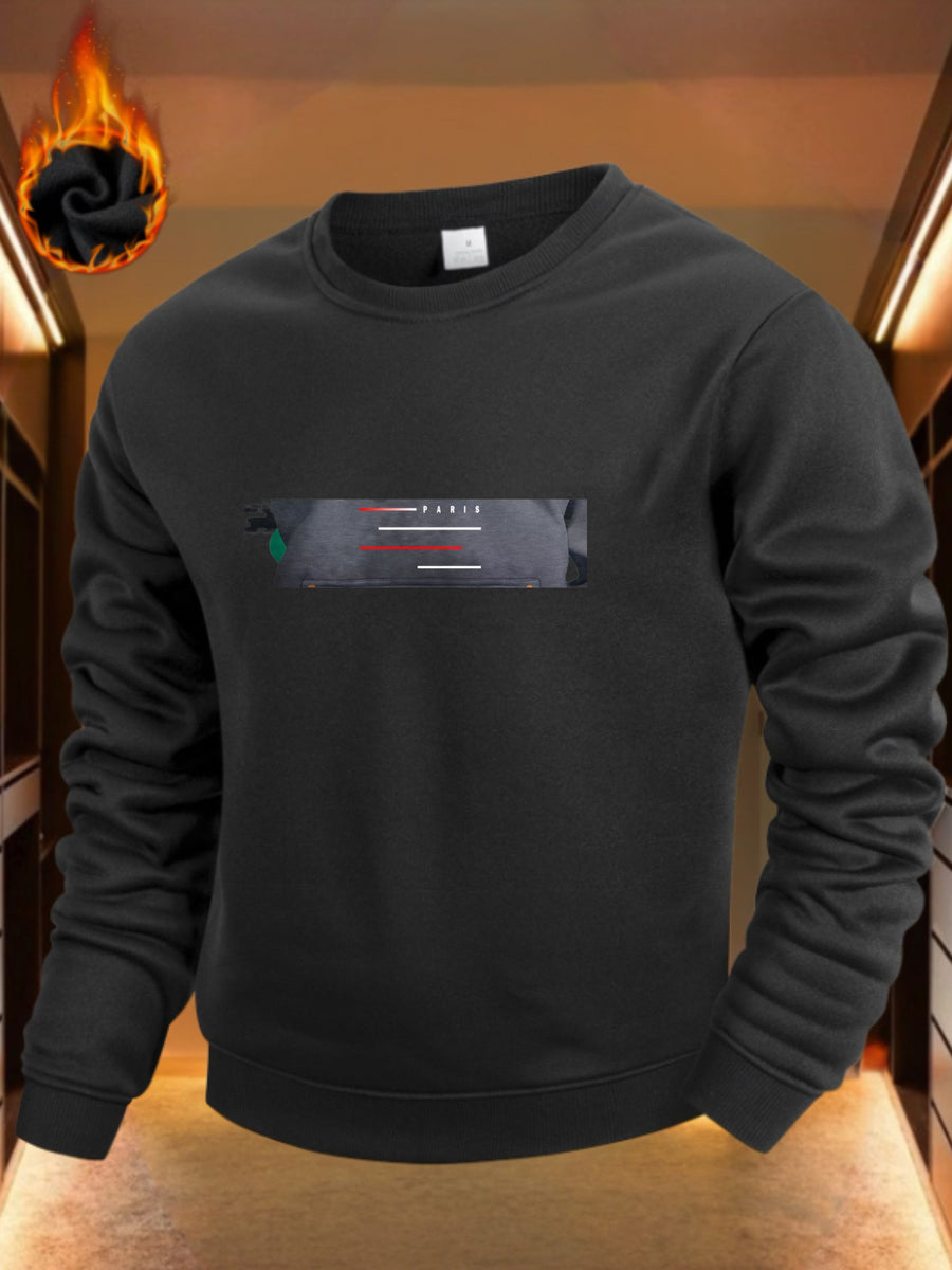 Streetwear Style, Men'S Round Neck Sweatshirt, Abstract Geometric Line Print Design, Soft Fleece Lined Fabric, Casual Daily Wear Or Urban Outing, Gift for Boyfriend Or Husband'S Birthday - Black