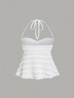 Niannian's Choice Solid Color Drawstring Halter Neck Backless Sexy Tank Top - White