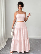 Two-Piece Embroidered Maxi Dress, Bohemian Style with Layered Ruffle Hem. Perfect for Dates, Vacations, Picnics, And Beach Outings. Comfortable And Versatile Women'S Dress - Light Pink Color