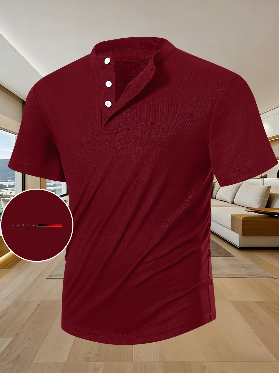 Men'S Summer Casual Short-Sleeve T-Shirt with a Easy Design, Breathable Round Neck, And Henley Button Front, Regular Fit Suitable for Outdoor Everyday Wear, Men'S Short-Sleeve Henley Shirt - Burgundy