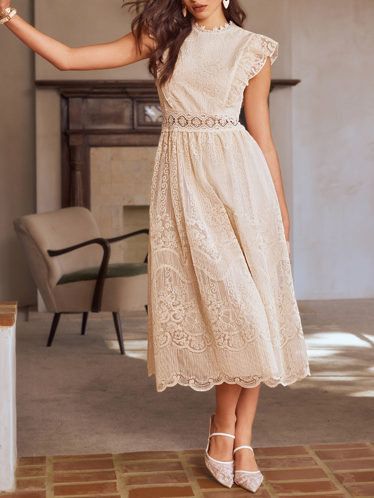 New Women'S Spring And Summer Lace Ruffle Decoration Temperament Elegant Long Dress Evening Dress Bridesmaid Dress Dress - Beige