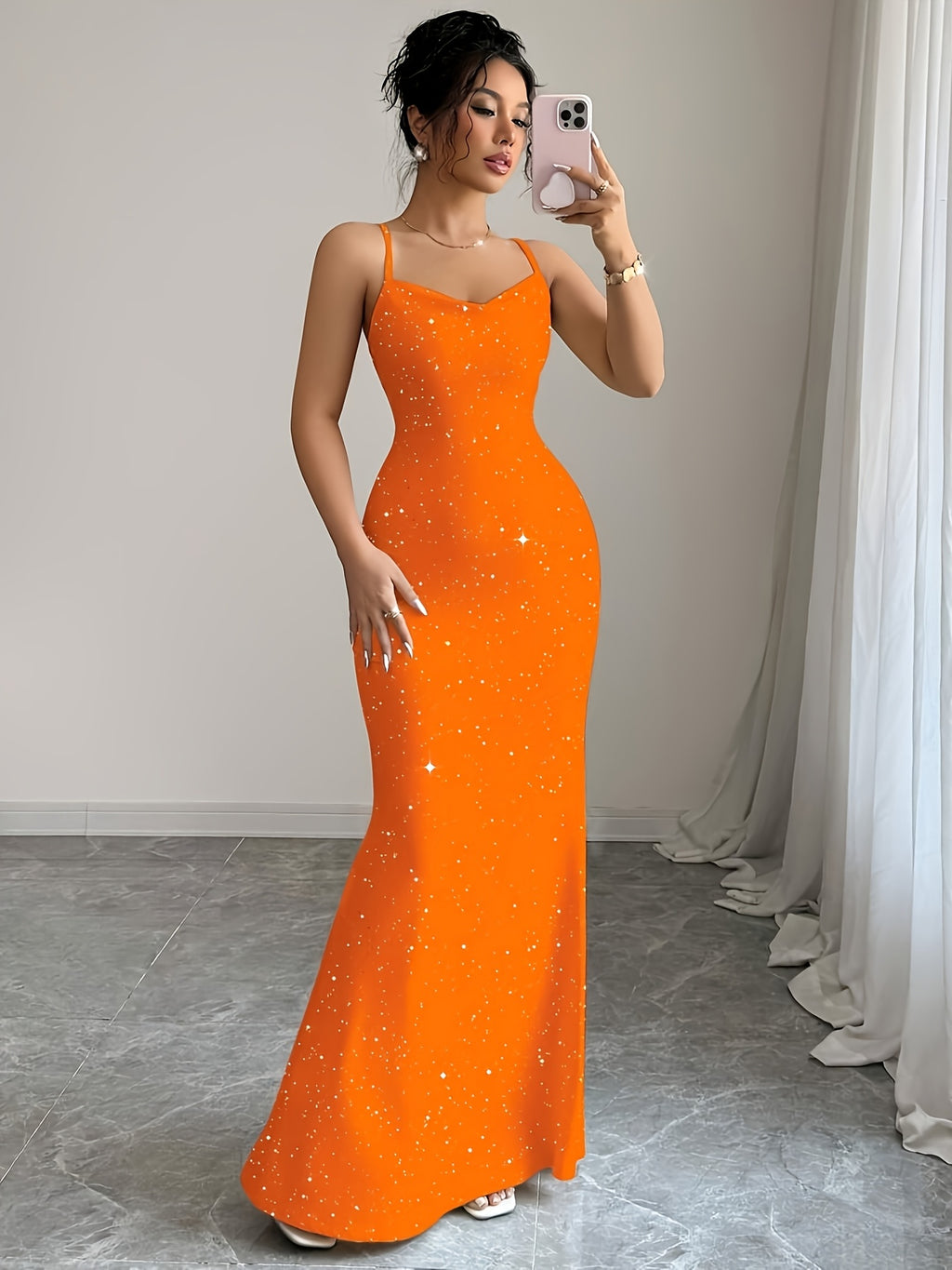 Women's Sparkling Strapless Backless Mermaid Gown for Formal Occasions - Orange