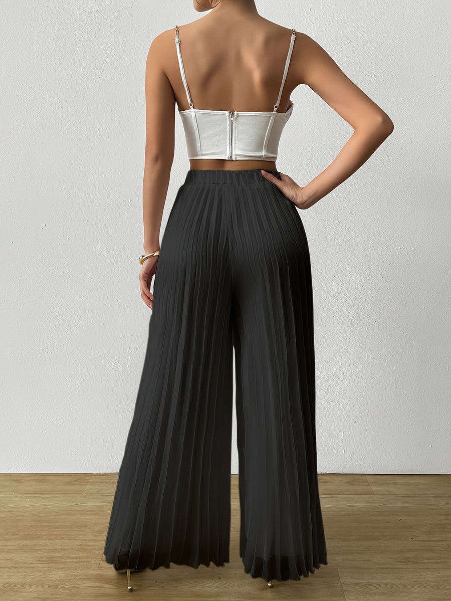 Women'S High-Waisted Pleated Wide-Leg Pants, White And Black. Elastic Waist, Flowy Fit. Perfect for Casual Outings, Evening Events, Or Beach Vacations. Pair with Crop Tops for a Chic Look - Black