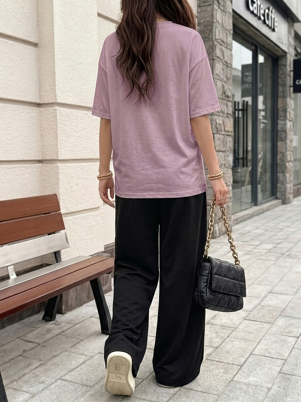 Women's Casual Streetwear Trend Los Angeles 98 Print Crew Neck Short Sleeve Top and Loose Drawstring Long Pants 2pcs Set, Women's Fashion Outfit, Suitable for Summer Streetwear - Purple+black