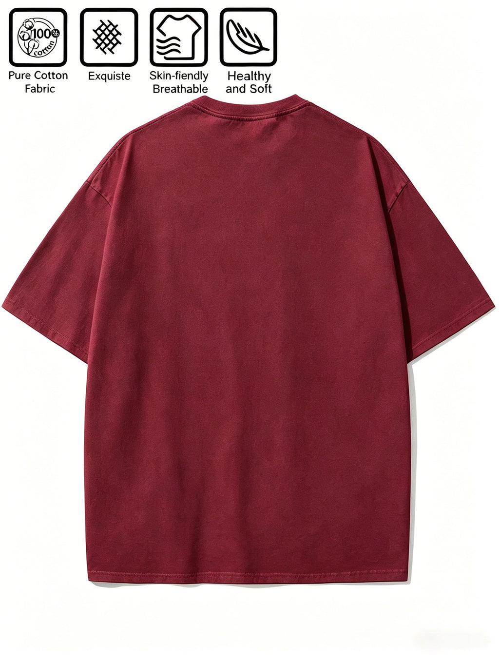 Cartoon Pattern Print T-Shirt, Round Neck Design, Pure Short Sleeve Street Casual Wear. Easy And Comfortable, Versatile Summer Short Sleeve T-Shirt, Suitable for Men'S Outdoor Activities, Gym Studio, Office Daily Wear - Burgundy