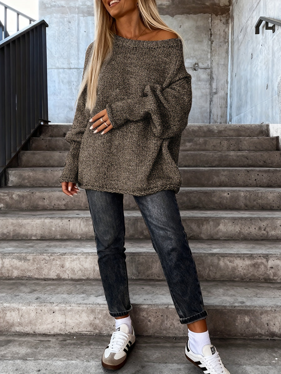 Women'S Fall Winter Casual Fashion Temperament Commute Versatile Easy Solid Color Large Round Neck Cross-Wear Sleeve Cuffed Design Loose Pullover Top - Dark Brown
