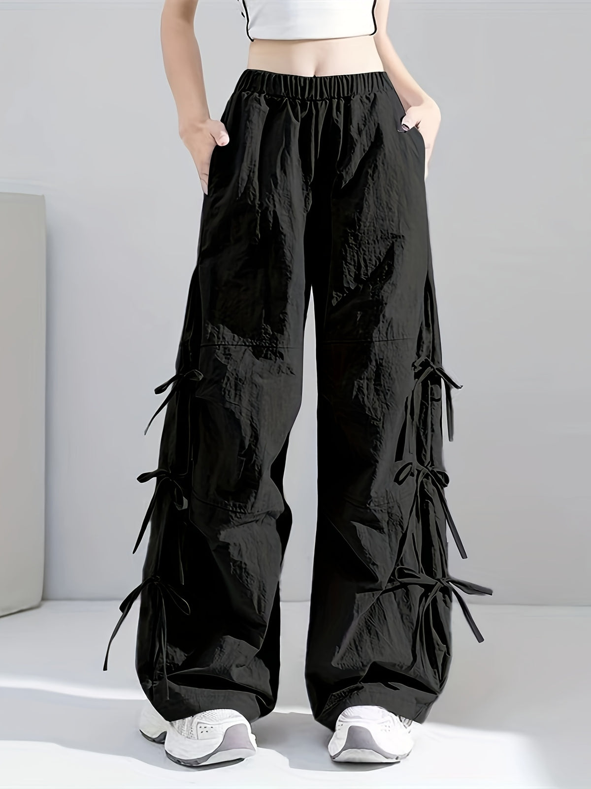 1039 Bow Tie Drawstring Quick-Dry Work Pants Women's Summer Thin American Casual Wide-Leg Parachute s Trousers - Black