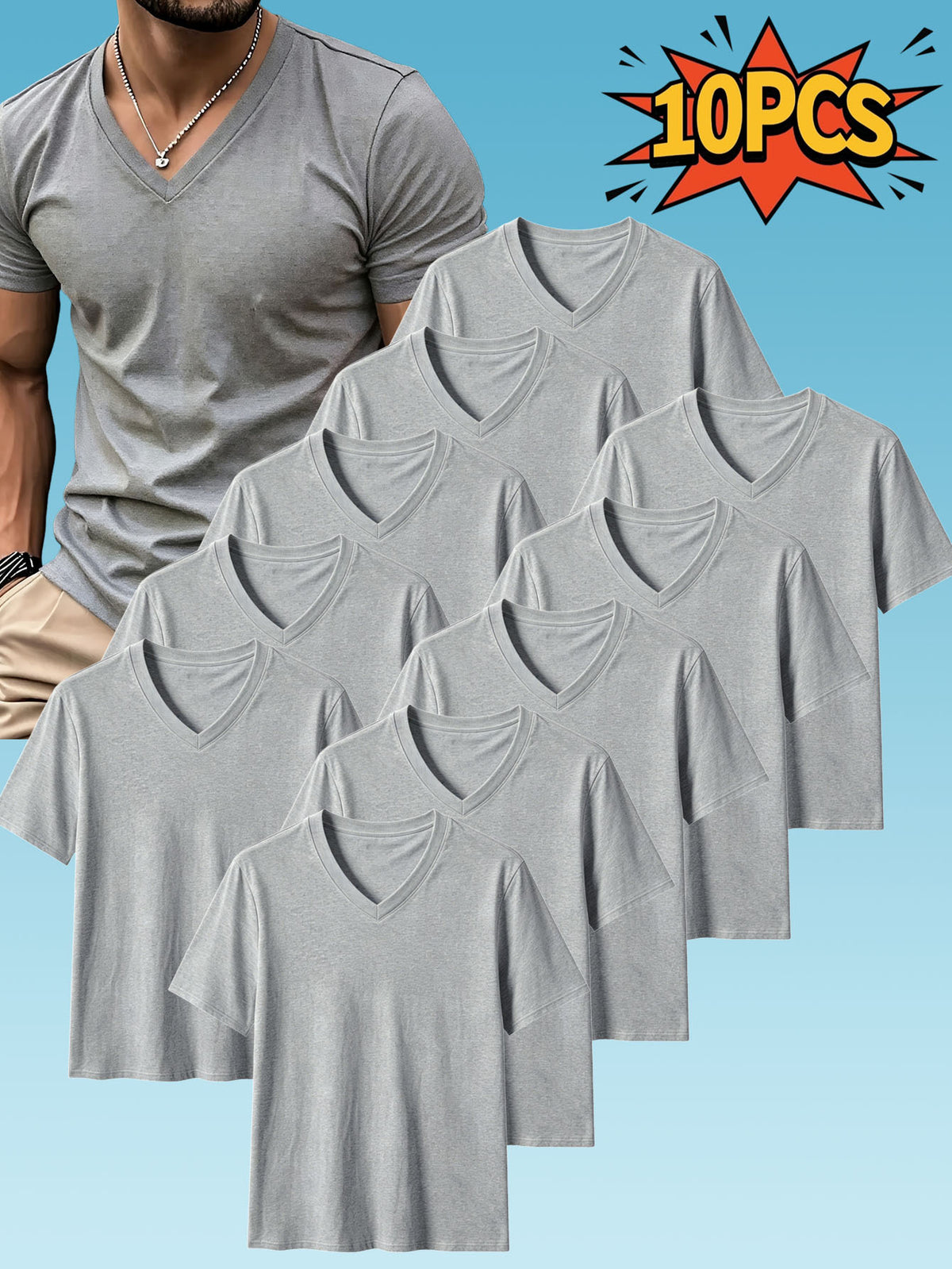 10pcs Men's Casual Knit Ribbed V-Neck T-Shirt / Soft and Comfortable Fabric / Short Sleeve / Solid Color / Crew Neck / Back-to-School Season, Casual Sporty Design Multi-pc Tops, Suitable for Summer Daily Wear - 10 pieces of light grey
