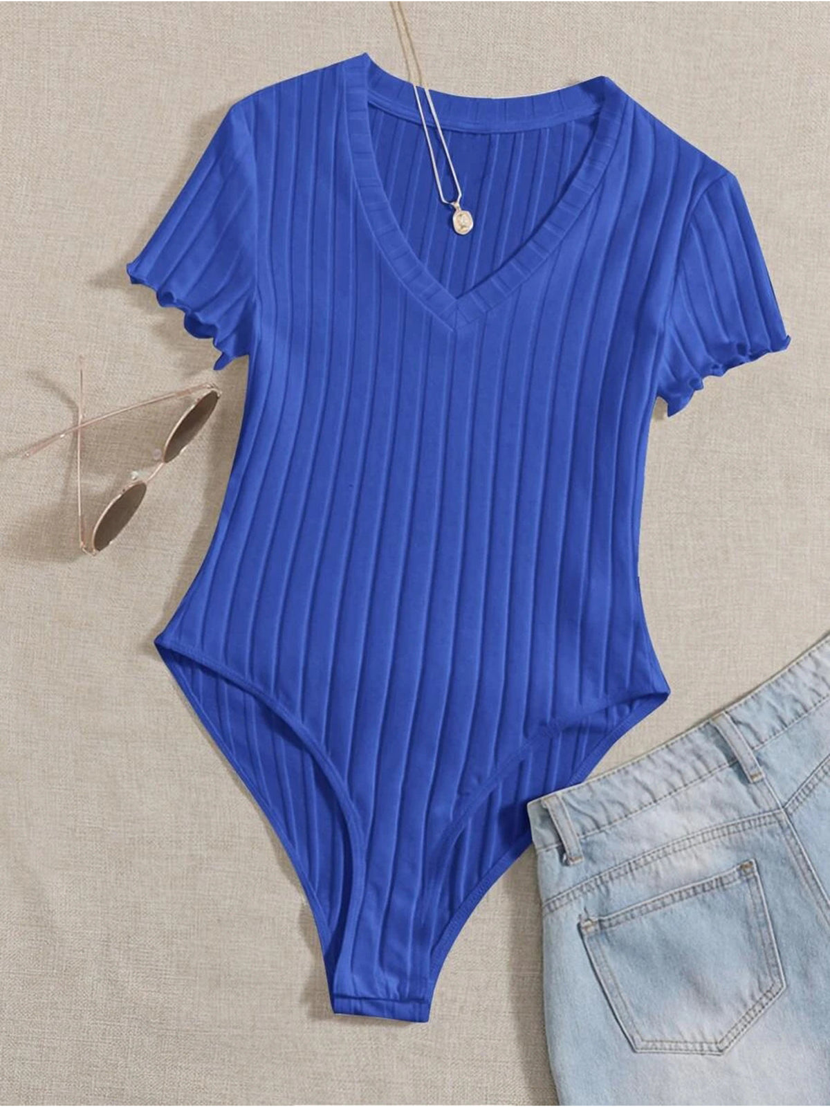 3pcs Women'S V-Neck Elegant High-Stretch Comfortable Ribbed Solid-Color Bodysuits - Blue + Light Pink + Yellow-Green