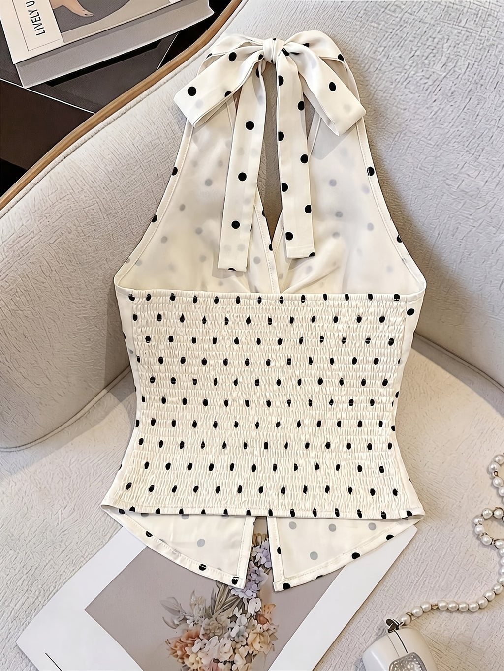Women's Polka Dot V-Neck Twist Knot Backless Crop Top, Elegant Summer Tea Party Design, Fashionable Item, Essential for Dates and Cocktail Parties - Apricot
