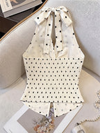 Women's Polka Dot V-Neck Twist Knot Backless Crop Top, Elegant Summer Tea Party Design, Fashionable Item, Essential for Dates and Cocktail Parties - Apricot