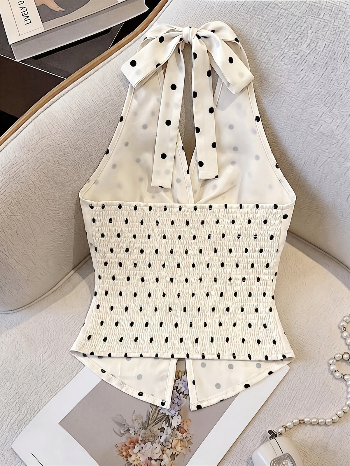 Women's Polka Dot V-Neck Twist Knot Backless Crop Top, Elegant Summer Tea Party Design, Fashionable Item, Essential for Dates and Cocktail Parties - Apricot