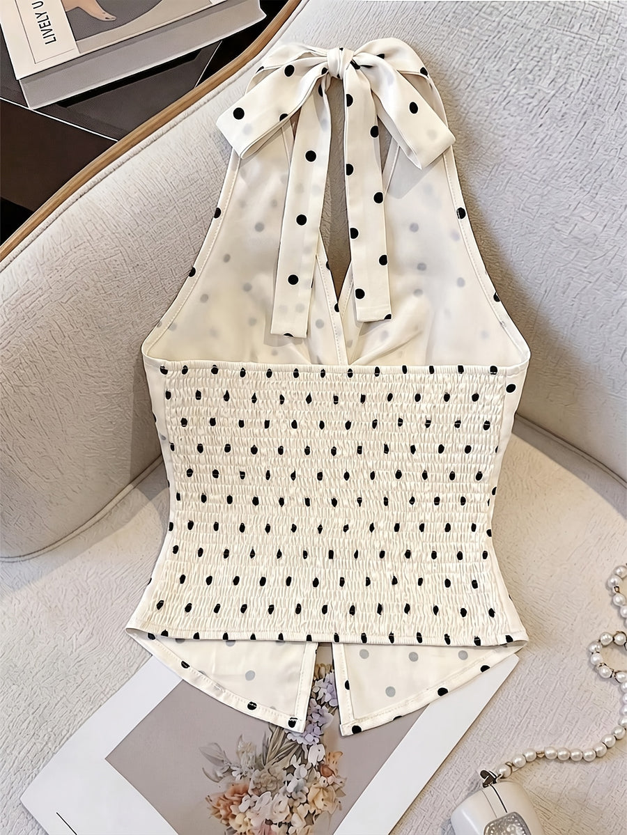 Women's Polka Dot V-Neck Twist Knot Backless Crop Top, Elegant Summer Tea Party Design, Fashionable Item, Essential for Dates and Cocktail Parties - Apricot