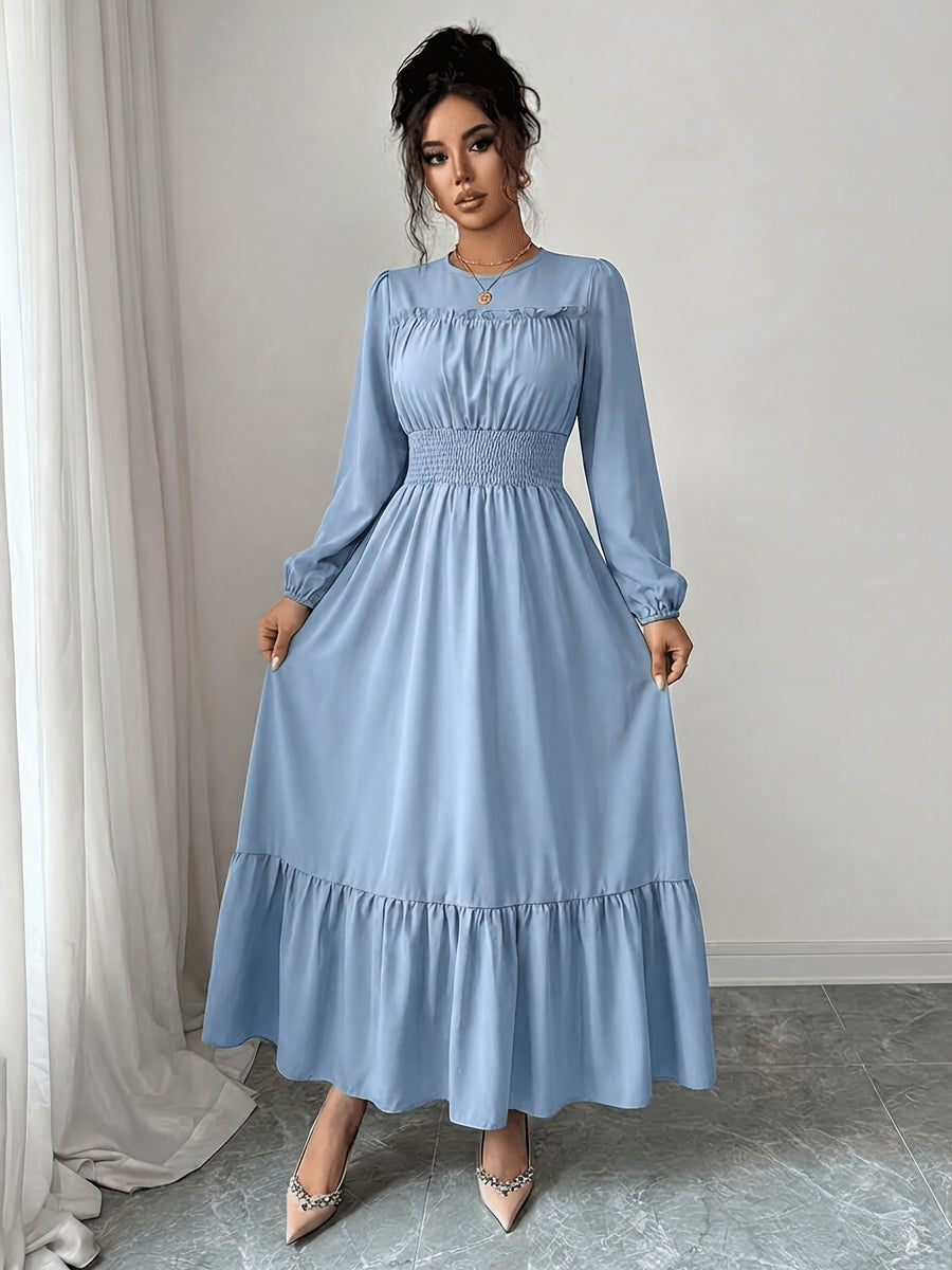 Women's Round Neck Ruffle Bubble Long Sleeve Stretch Elastic Waist Flowy Dress, Solid Color Layered Long Skirt with Tiered Ruffle Hem for a Flowing Drape. Suitable for Daily Outings, Beach Trips, Weekend Getaways, and Casual Dates - Sky Blue