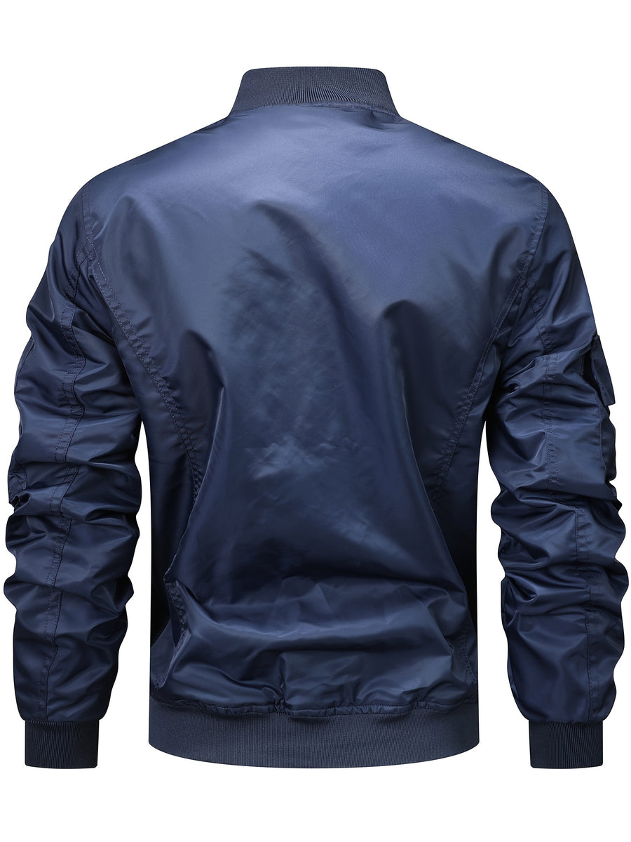 Men's Functional Style Baseball Collar Workwear Jacket, Trendy Multi-Pocket Design, Vintage Pilot Jacket Style, Suitable for Spring and Autumn, Daily Outings, and Outdoor Commuting Workwear Jacket - Navy Color