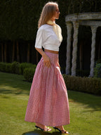 Red and White Plaid Irregular Ruffle Hem Midi Skirt, Summer Fashion Maxi Skirt, Vintage Casual Plaid Skirt for Leisure and Daily Wear - Red