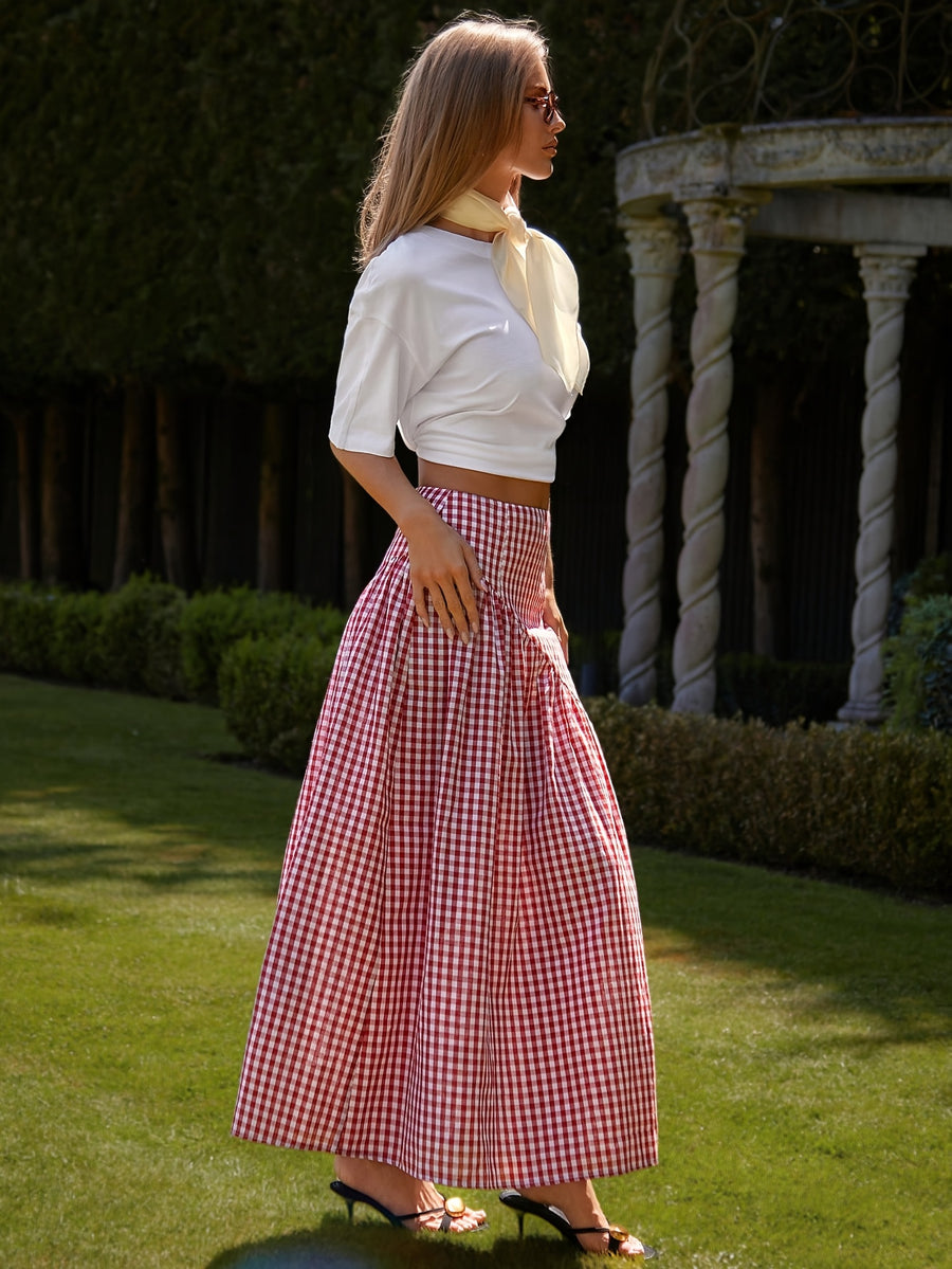 Red and White Plaid Irregular Ruffle Hem Midi Skirt, Summer Fashion Maxi Skirt, Vintage Casual Plaid Skirt for Leisure and Daily Wear - Red