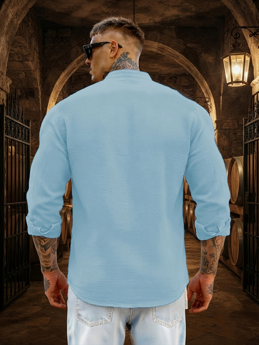 Men's Solid Color Casual Stand Collar Button- Long Sleeve Shirt. The Solid-colored Fabric Offers a Comfortable Feel, Making It a Great Gift for a Husband or Boyfriend for Home, Outings, Travel, and Beach Vacations. Men's Long Sleeves, Men's Tops - Sky Blue