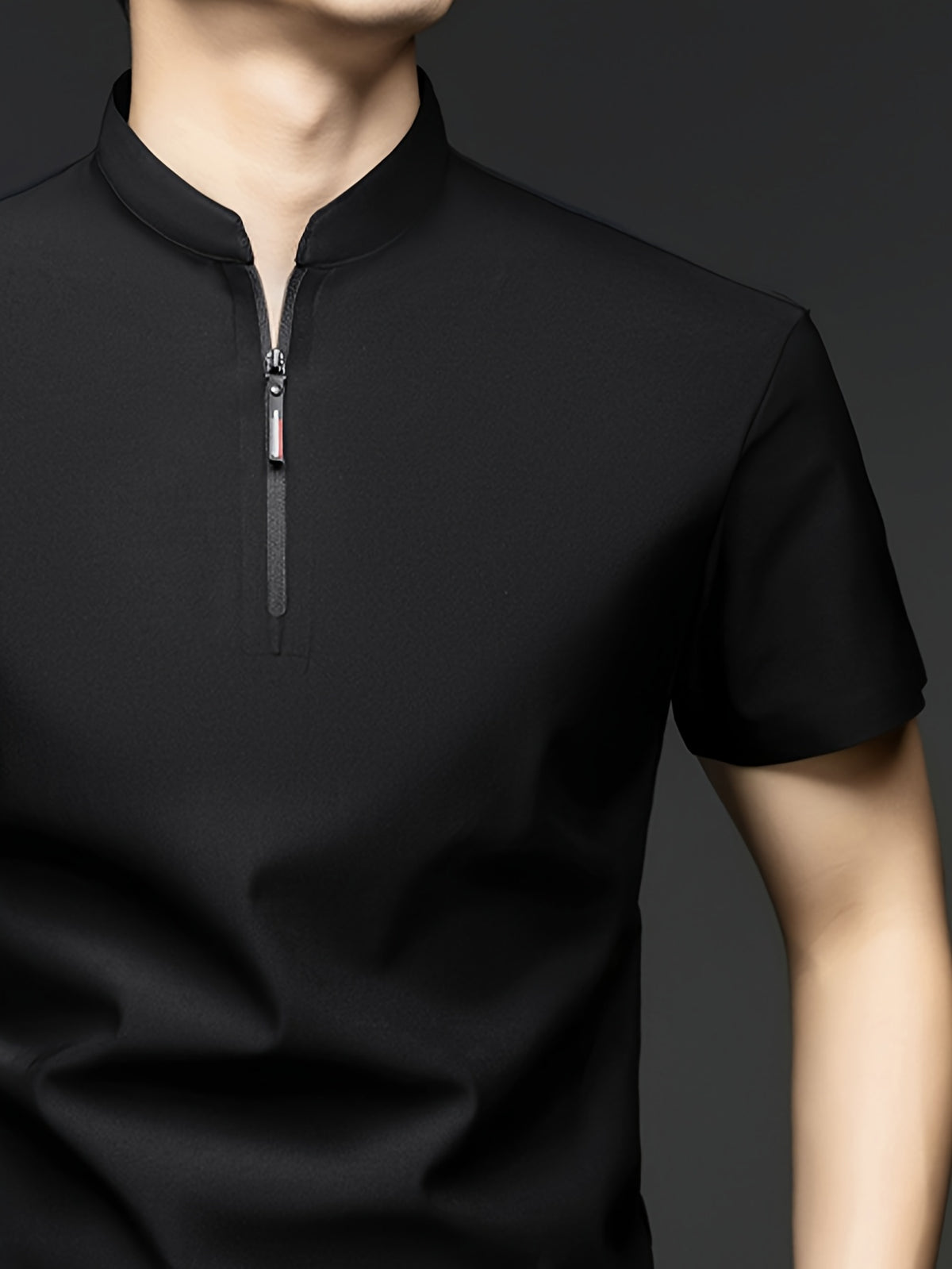 Summer Men'S Short Sleeve T-Shirt, Classic Mandarin Collar with Half Zipper, Smooth And Wrinkle-Resistant, Self-Cooling, Good Drape, Essential Top for Daily, Dating, And Light Business - Black