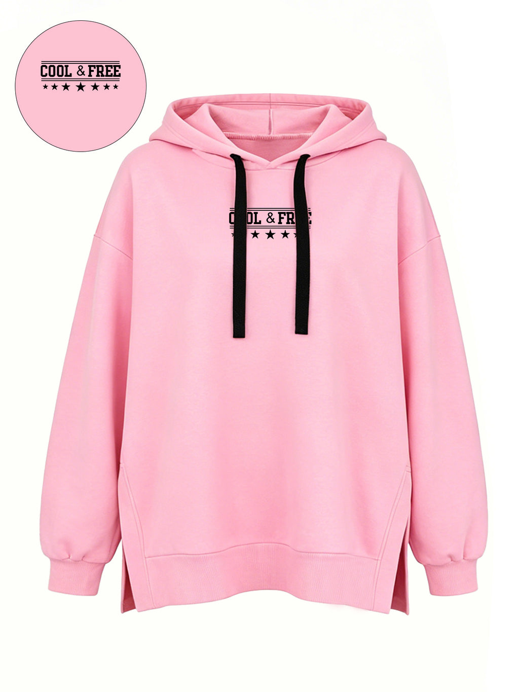 Women'S Fashion Hooded Sweatshirt for Autumn And Winter - Pattern Print Design, Side Slit Detail, Pullover Hoodie - Pink Color