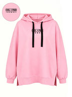 Women'S Fashion Hooded Sweatshirt for Autumn And Winter - Pattern Print Design, Side Slit Detail, Pullover Hoodie - Pink Color