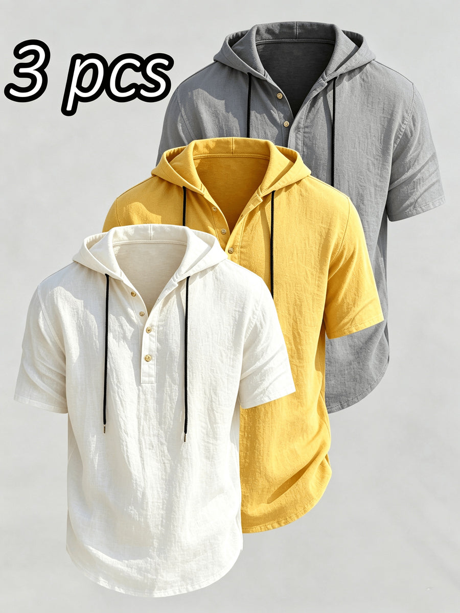 Men's 3pcs Hooded Henley Short-Sleeve Tops, Summer Lightweight Linen-Textured Half-Button Hoodie with Drawstring, Loose Fit Casual Solid Color Pullover - white+yellow+grey