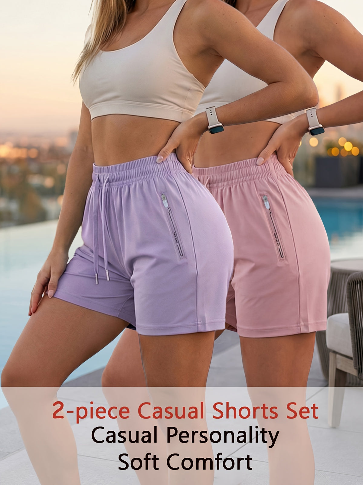 2pcs Women'S Ice Shorts Elastic Drawstring High Waist Casual Lounge Shorts with Zipper Patch Side Pockets, Lightweight Quick Dry Breathable Loose Shorts for Travel Daily Outdoor Wear Multi-Color Pack - Purple + Pink 2-Piece Set