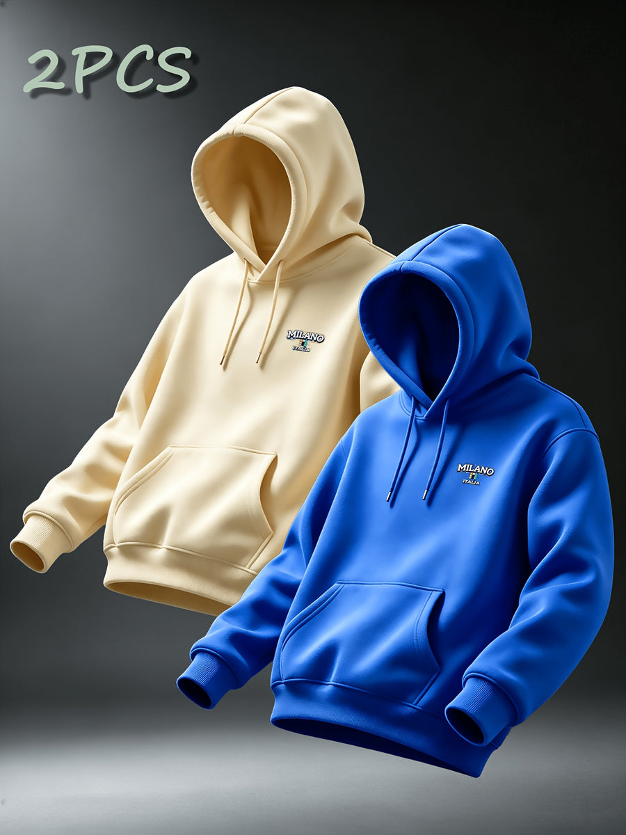 [Villa Le Water OBM] 2pcs Set MILANO Print Hooded Sweatshirt Men'S Loose Casual All-Match Pullover Long-Sleeve Hoodie - Apricot+Royal Blue